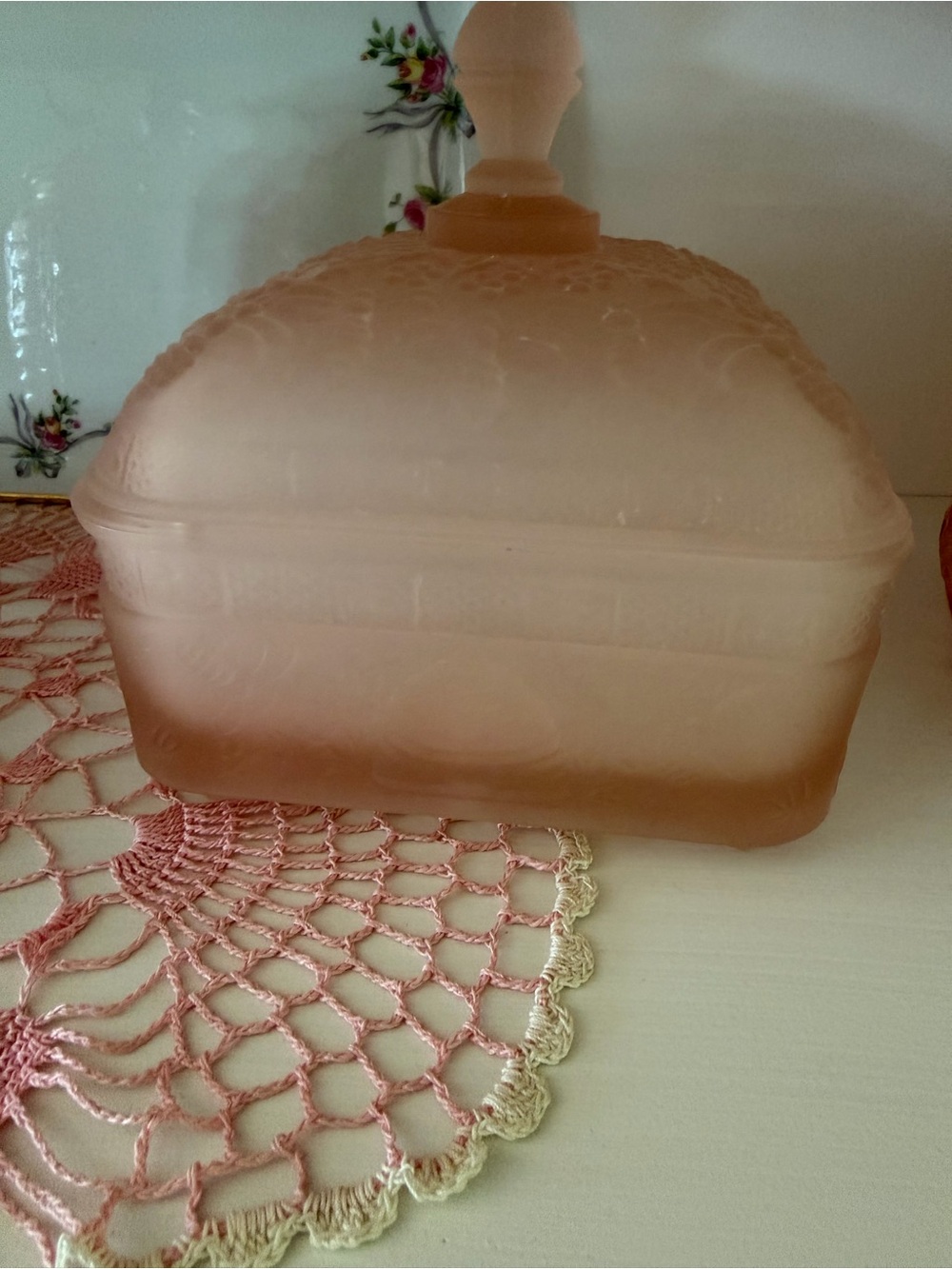 Tiara Pink Frosted Glass Covered Butter Dish